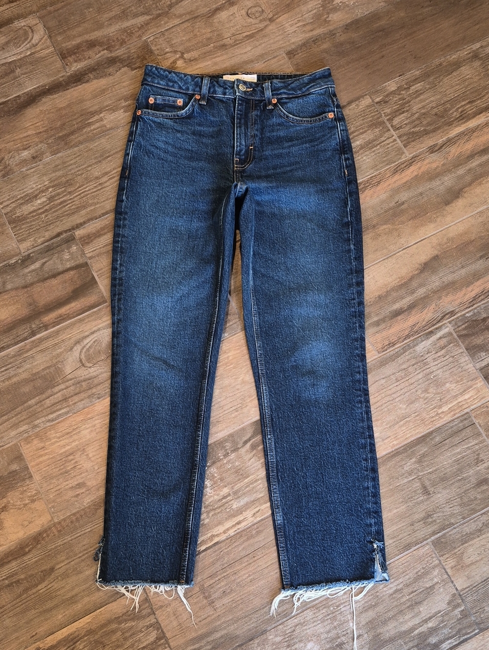Topshop Dark Blue Wash Straight Leg Raw Hem Jeans, Size 26